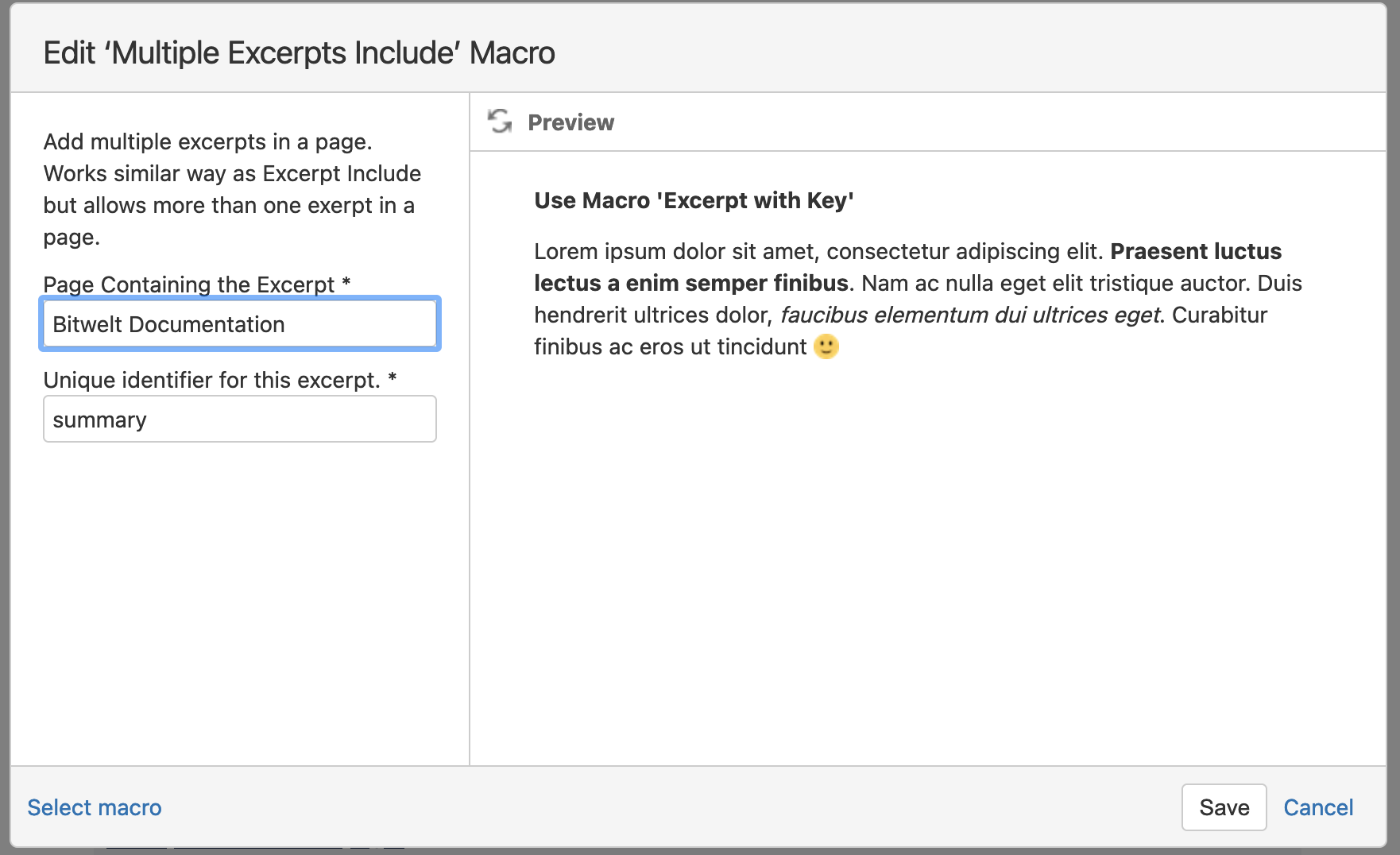 Include content block using Multiple Excerpts and Include Macros
